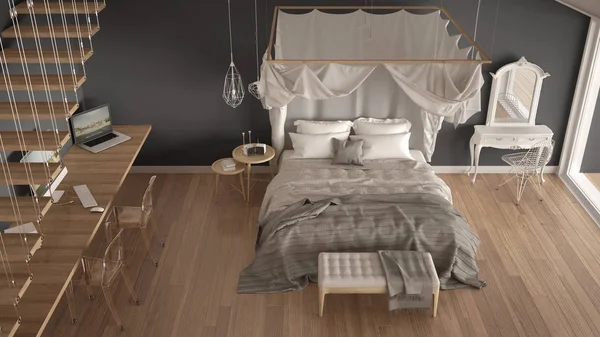 Canopy bed in minimalistic white and gray bedroom with big windo