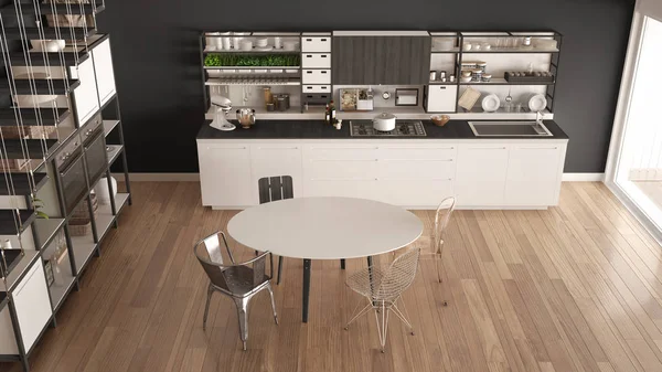 Minimalist white and gray wooden kitchen, loft with stairs, clas — Stock Photo, Image