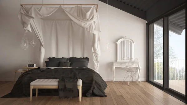 Minimalist gri ve beyaz yatak odası büyük windo gölgelik yatakta — Stok fotoğraf