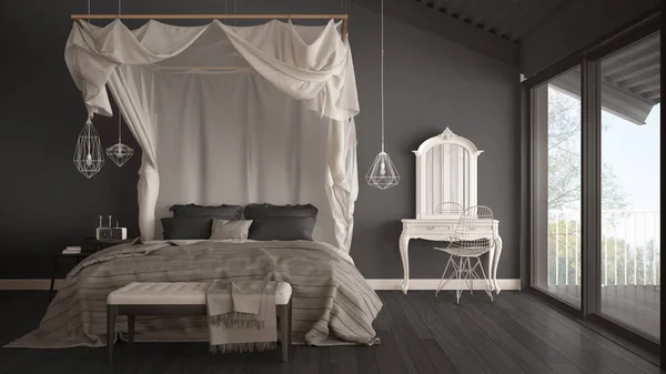 Minimalist gri yatak odası büyük pencere, scandin gölgelik yatakta — Stok fotoğraf