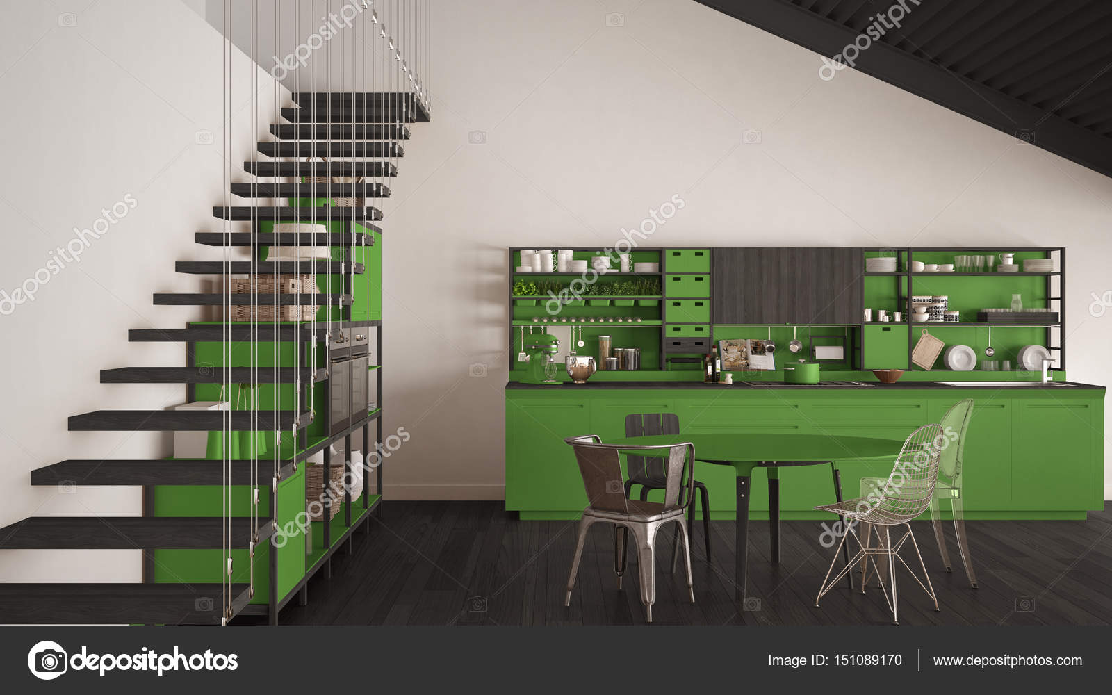 Cucina minimalista grigia e verde in legno, soppalco con scale, clas ... Cucina minimalista grigia e verde in legno, soppalco con scale, clas ...