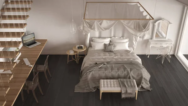 Łóżko z baldachimem w minimalistyczne białe i szare sypialni z dużym windo — Zdjęcie stockowe