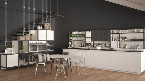 Cozinha minimalista de madeira branca e cinza, loft com escadas, clas — Fotografia de Stock