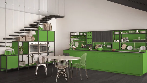 Minimalist green and gray wooden kitchen, loft with stairs, clas