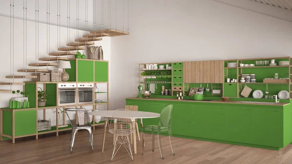 Minimalistyczny zielony i biały drewniane kuchnia, strych schodami, cla — Zdjęcie stockowe
