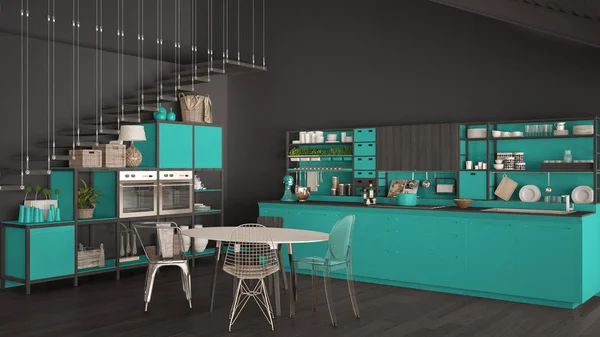 Minimalist turquoise and gray wooden kitchen, loft with stairs,