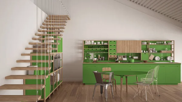 Бело-зеленая деревянная кухня, мансарда с лестницей, кл. — стоковое фото