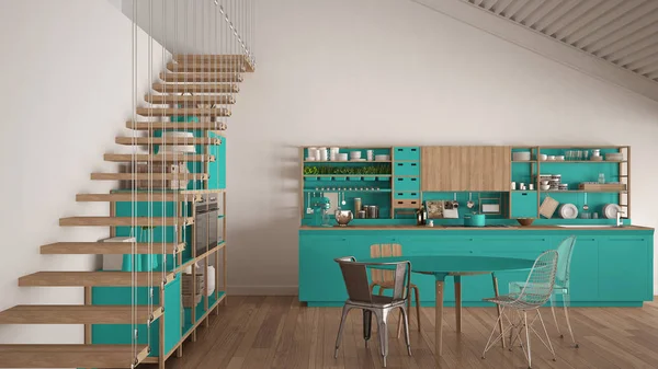 Minimalist white and turquoise wooden kitchen, loft with stairs,