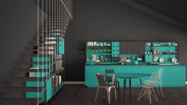 Minimalist gri ve turkuaz Ahşap mutfak, çatı merdivenleri ile, 