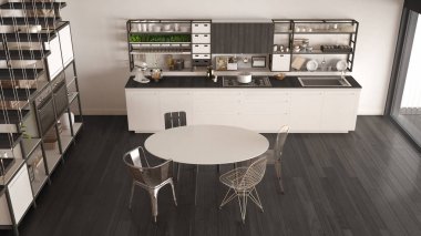 Minimalist beyaz ve gri Ahşap mutfak, çatı merdivenleri, clas ile