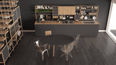 Minimalist gri Ahşap mutfak, çatı merdivenleri, klasik SCANDI ile