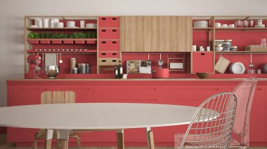 Minimalist beyaz ve kırmızı ahşap mutfak yakın çekim, İskandinav c