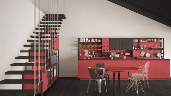 Minimalistische witte en rode houten keuken, loft met trappen, klasse — Stockfoto