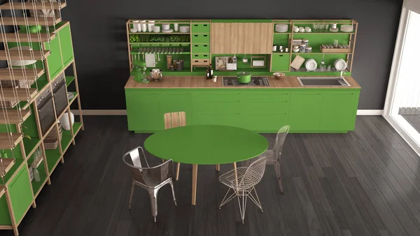 Minimalista cocina de madera verde y gris, loft con escaleras, clas — Foto de Stock