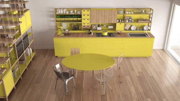 Minimalistyczne żółte i białe drewniane kuchnia, strych schodami, cl — Zdjęcie stockowe