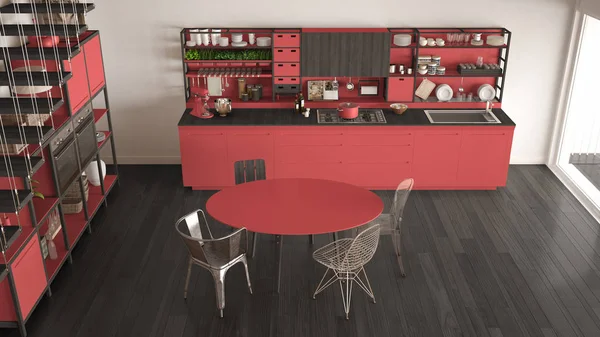 Minimalistyczne czerwony i szary drewniane kuchnia, strych schodami, klasyc — Zdjęcie stockowe