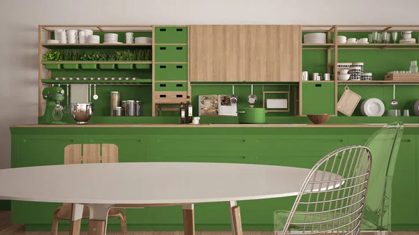 Minimalis putih dan hijau kayu dapur close-up, Skandinavia — Stok Foto