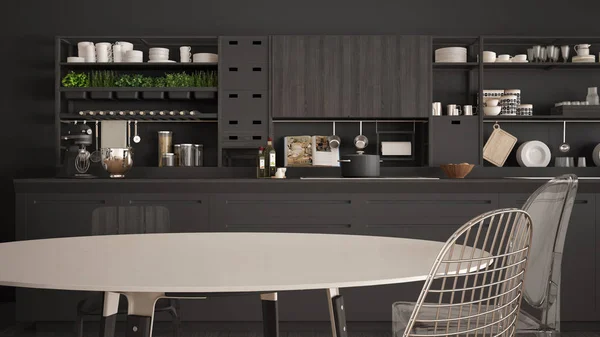 Minimalistyczne białe i szare drewniane kuchnia zbliżenie, Skandynawska — Zdjęcie stockowe