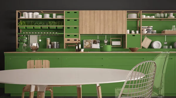 Minimalistyczne białe i zielone drewniane kuchnia zbliżenie, Skandynawska — Zdjęcie stockowe