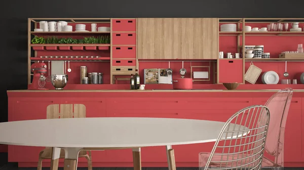 Minimalista cocina de madera blanca y roja de cerca, escandinava c — Foto de Stock