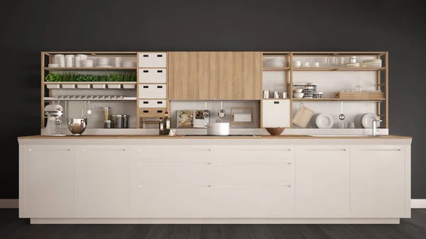 Минималистская белая деревянная кухня с бытовой техникой крупным планом, скандал — стоковое фото