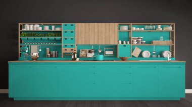 Minimalist turkuaz Ahşap mutfak aletleri yakın çekim, sc