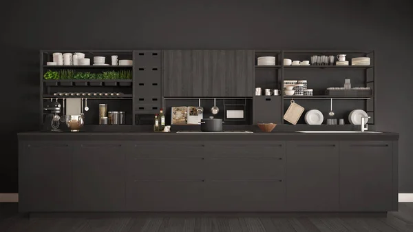 Minimalistisk grå trä kök med vitvaror närbild, s. — Stockfoto