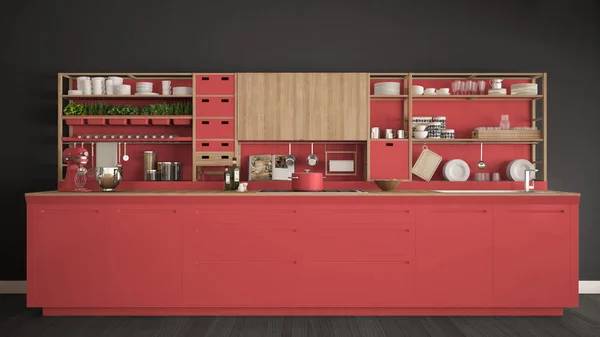 Minimalistyczne czerwona kuchnia drewniana z urządzeń zbliżenie, apartamenty — Zdjęcie stockowe