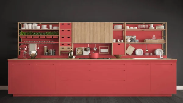 Minimalis dapur kayu merah dengan peralatan close-up, scandina — Stok Foto