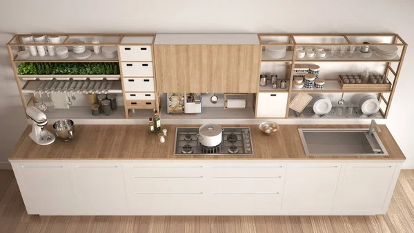 Minimalis kayu putih dapur dengan peralatan close-up, scandi — Stok Foto