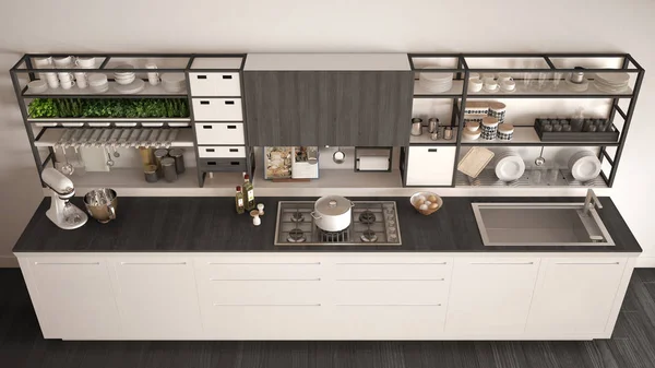 Minimalistyczne białe drewniane kuchnia z urządzeń zbliżenie, scandi — Zdjęcie stockowe