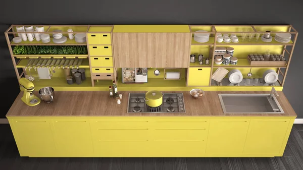 Minimalis kuning dapur kayu dengan peralatan close-up, scand — Stok Foto