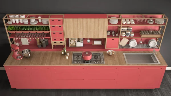 Minimalista cocina de madera roja con electrodomésticos de cerca, escándalo — Foto de Stock