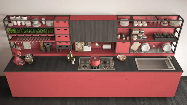 Minimalistyczne czerwona kuchnia drewniana z urządzeń zbliżenie, apartamenty — Zdjęcie stockowe