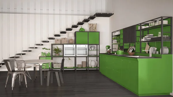 Minimalist white and green wooden kitchen, loft with stairs, cla