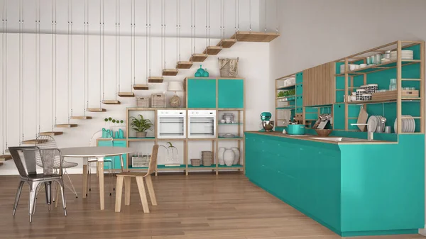 Minimalist white and turquoise wooden kitchen, loft with stairs,