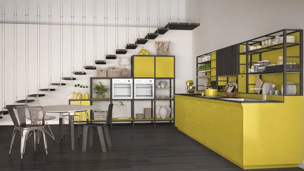 Minimalist white and yellow wooden kitchen, loft with stairs, cl