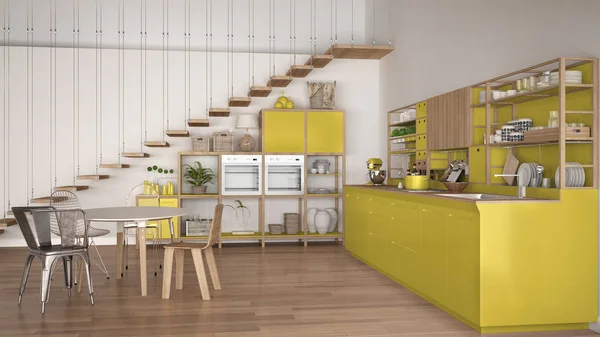 Minimalist white and yellow wooden kitchen, loft with stairs, cl