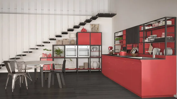 Minimalistyczne białe i czerwone drewniane kuchnia, strych schodami, Klasa — Zdjęcie stockowe
