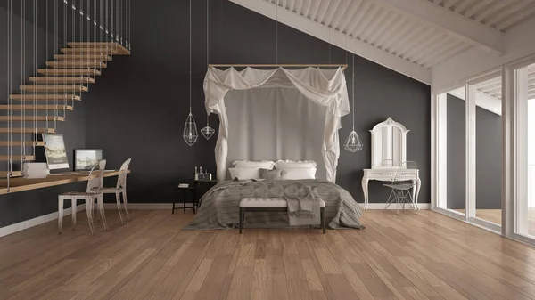 Gölgelik yatakta minimalist gri ve beyaz yatak odası ev iş — Stok fotoğraf
