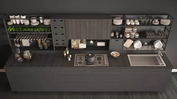 Мінімалістична сіра дерев'яна кухня з приладами крупним планом, скандинавський — стокове фото