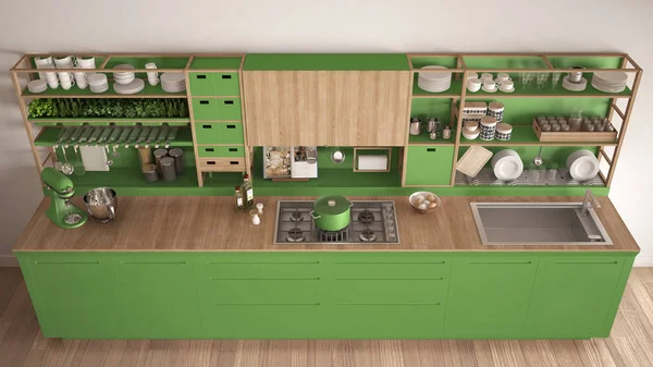 Minimalistyczny zielony drewniane kuchnia z urządzeń zbliżenie, scandi — Zdjęcie stockowe