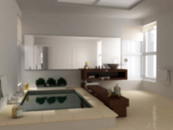 Дизайн интерьера в размытом фоне, минималистская ванная комната с большой ба — стоковое фото