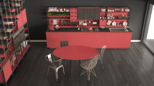 Minimalist red and gray wooden kitchen, loft with stairs, classi