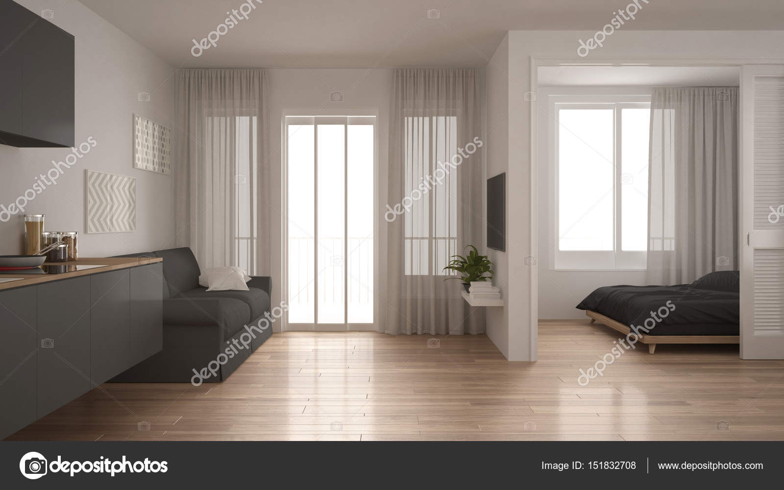 Kleine Wohnung mit Küche, Wohnzimmer und Schlafzimmer, weiß und ... Kleine Wohnung mit Küche, Wohnzimmer und Schlafzimmer, weiß und ...