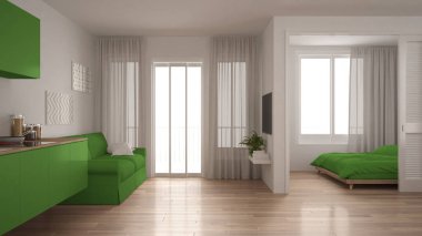 Küçük daire mutfak, oturma odası ve yatak odası, beyaz ve