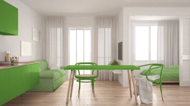 Modern en az mutfak ve oturma odası ile yatak odasında backg