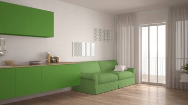 Kanepe, ahşap parke zemin, beyaz ile İskandinav mutfak ve 