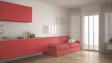 Kanepe, ahşap parke zemin, beyaz ile İskandinav mutfak ve 