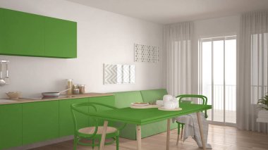 Koltuk ve masa, ahşap parke zemin ile İskandinav mutfak, 